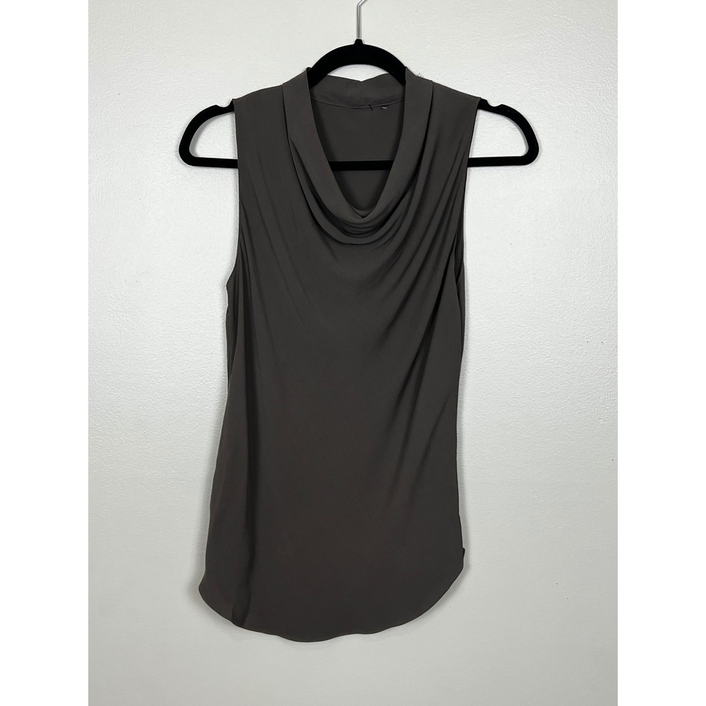 Cowl Neck Sleeveless Top Draped Front Grey Taupe Brown Tank